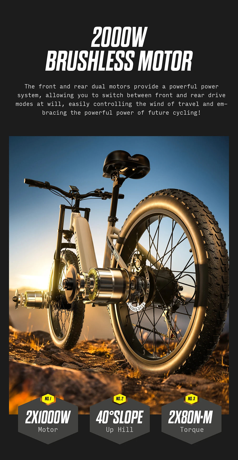 Electric bike with 2000W brushless motor on a desert landscape