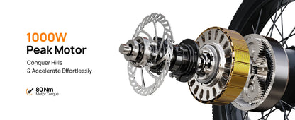 Bicycle hub with 1000W peak motor and technical details on a white background