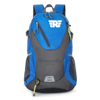 Blue and gray backpack with Dragonfly Moto logo on a white background
