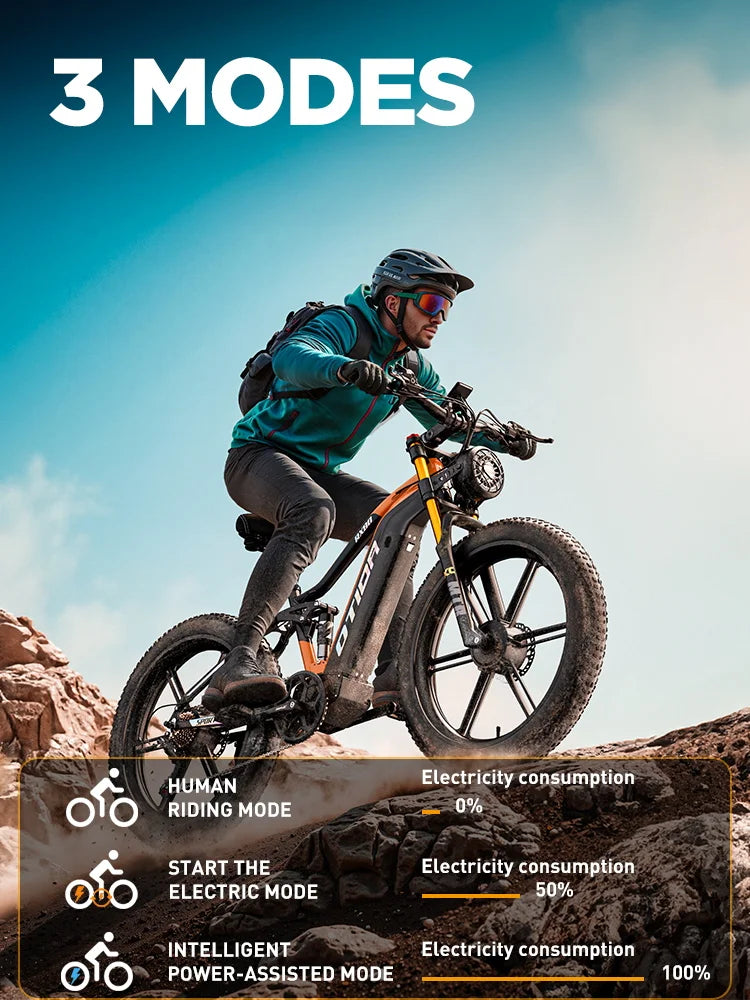 Person riding an electric bike on a rocky trail with '3 Modes' text and bike mode indicators.
