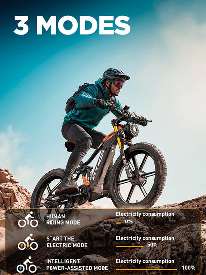 Person riding an electric bike on a rocky trail with '3 Modes' text and bike mode indicators.