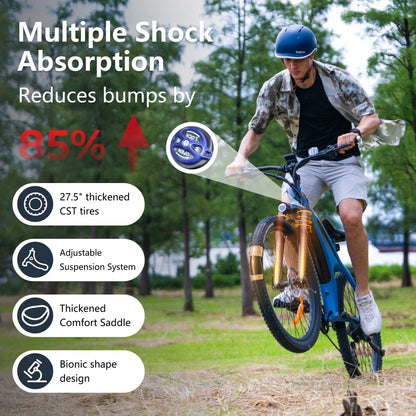 Man riding a bicycle with shock absorption features highlighted on a natural background