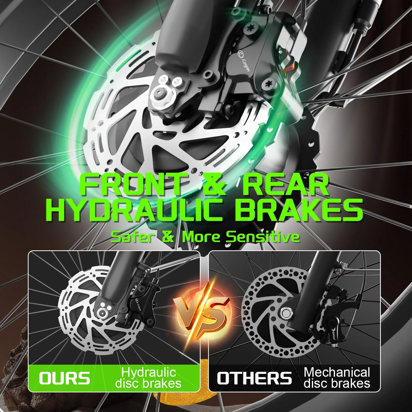 Bicycle brake system with text highlighting front and rear hydraulic brakes.