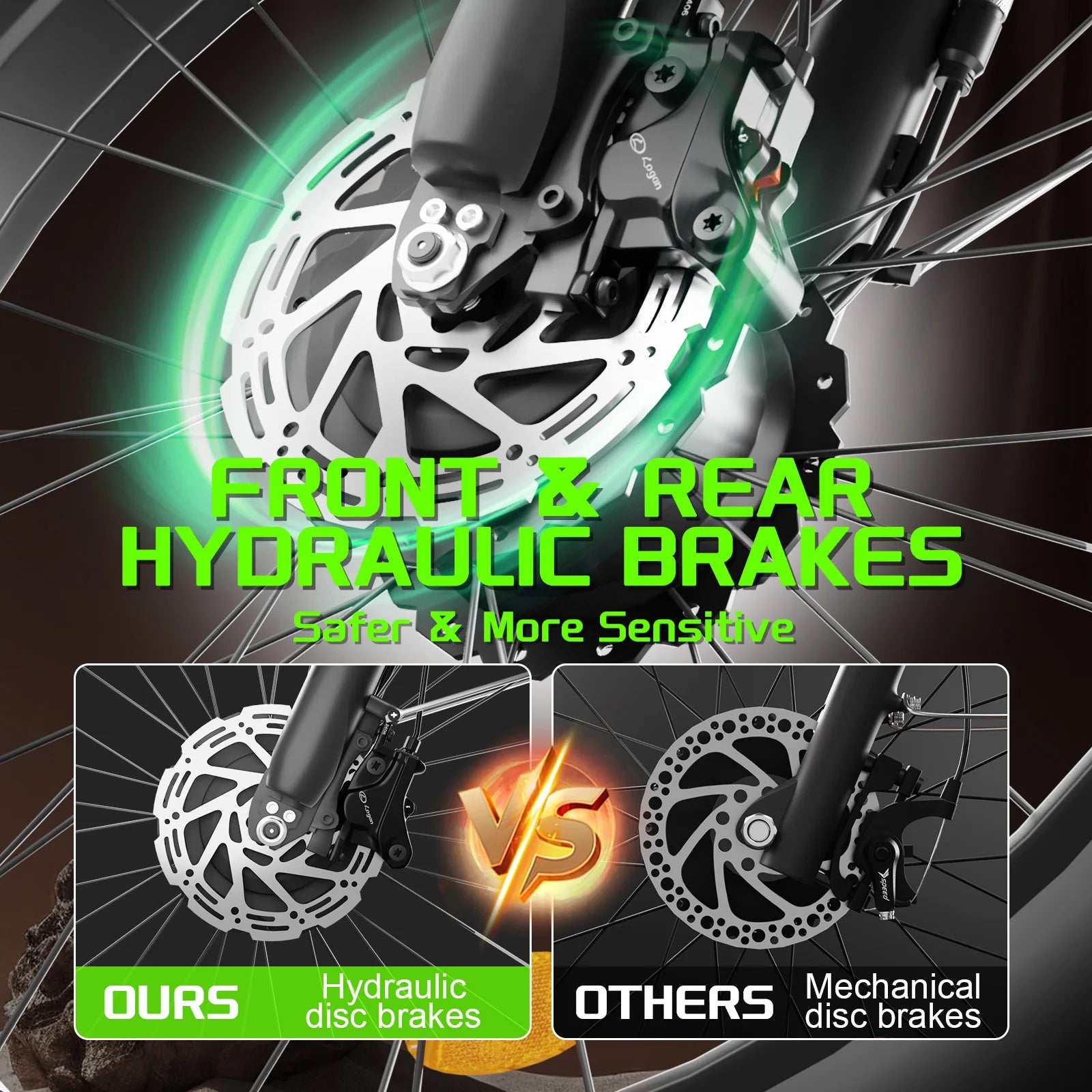 Bicycle brake system with text highlighting front and rear hydraulic brakes.