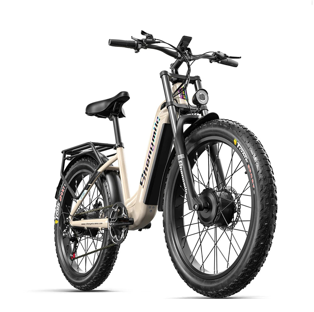 Electric bike with a white frame and black components on a white background