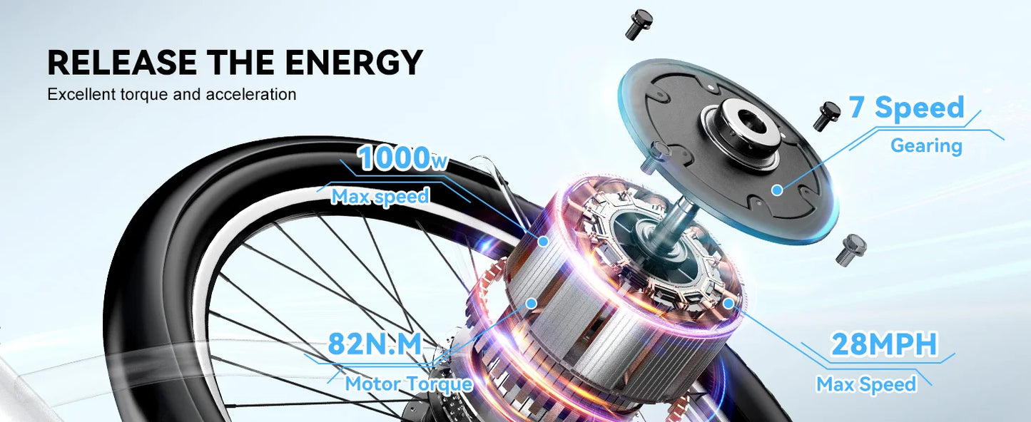 Bicycle motor system with technical specifications on a light blue background