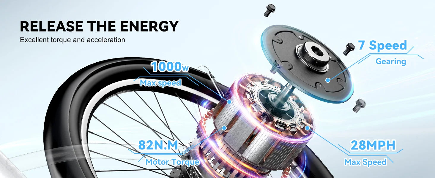 Bicycle motor system with technical specifications on a light blue background