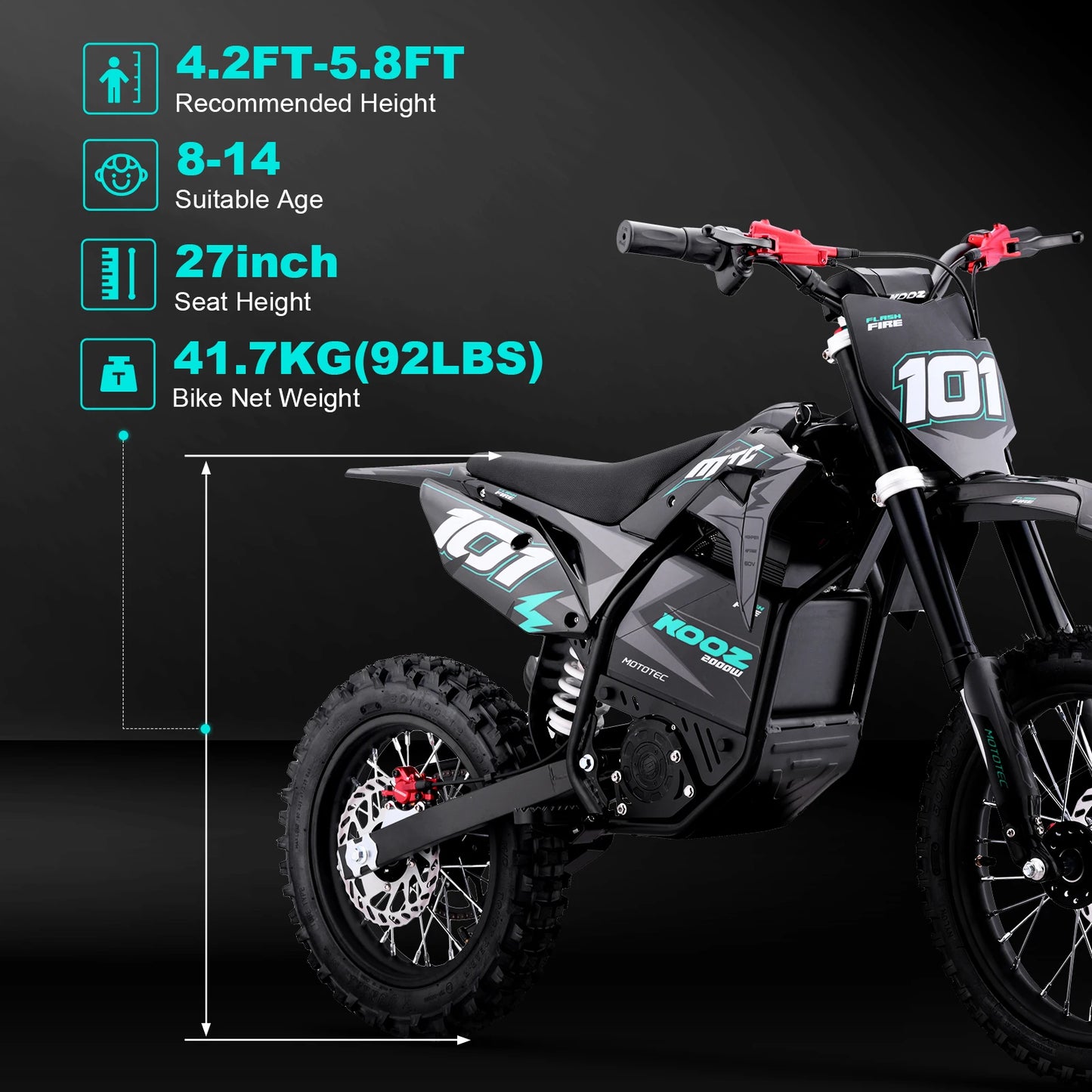 Children's dirt bike with specifications on a dark background