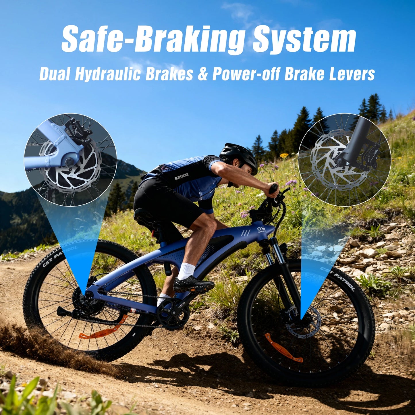 Person riding a bike on a trail with 'Safe-Braking System' text and brake components highlighted.