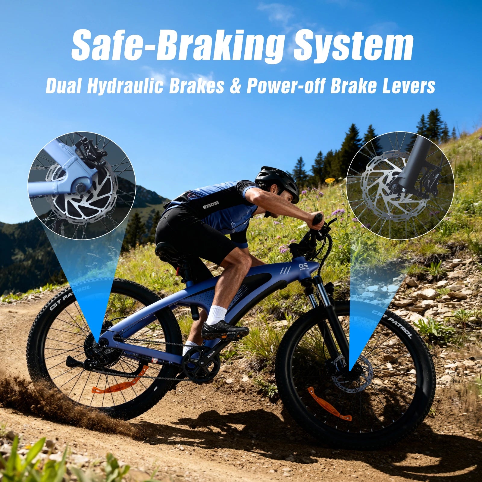 Person riding a bike on a trail with 'Safe-Braking System' text and brake components highlighted.