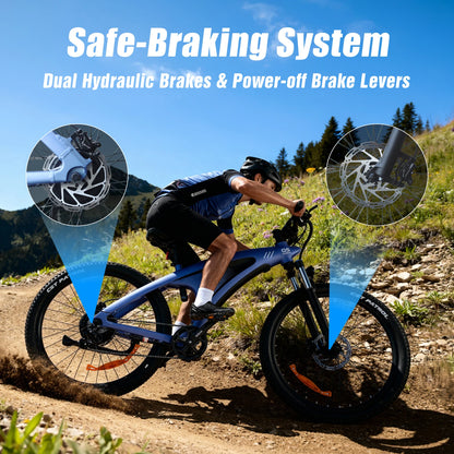 Person riding a bike on a trail with 'Safe-Braking System' text and brake components highlighted.