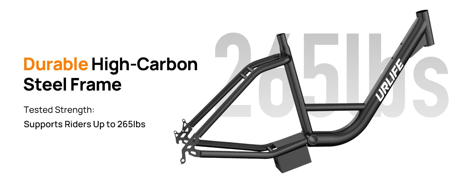 Bicycle frame with 'URIFE' branding and text about durability and weight capacity.