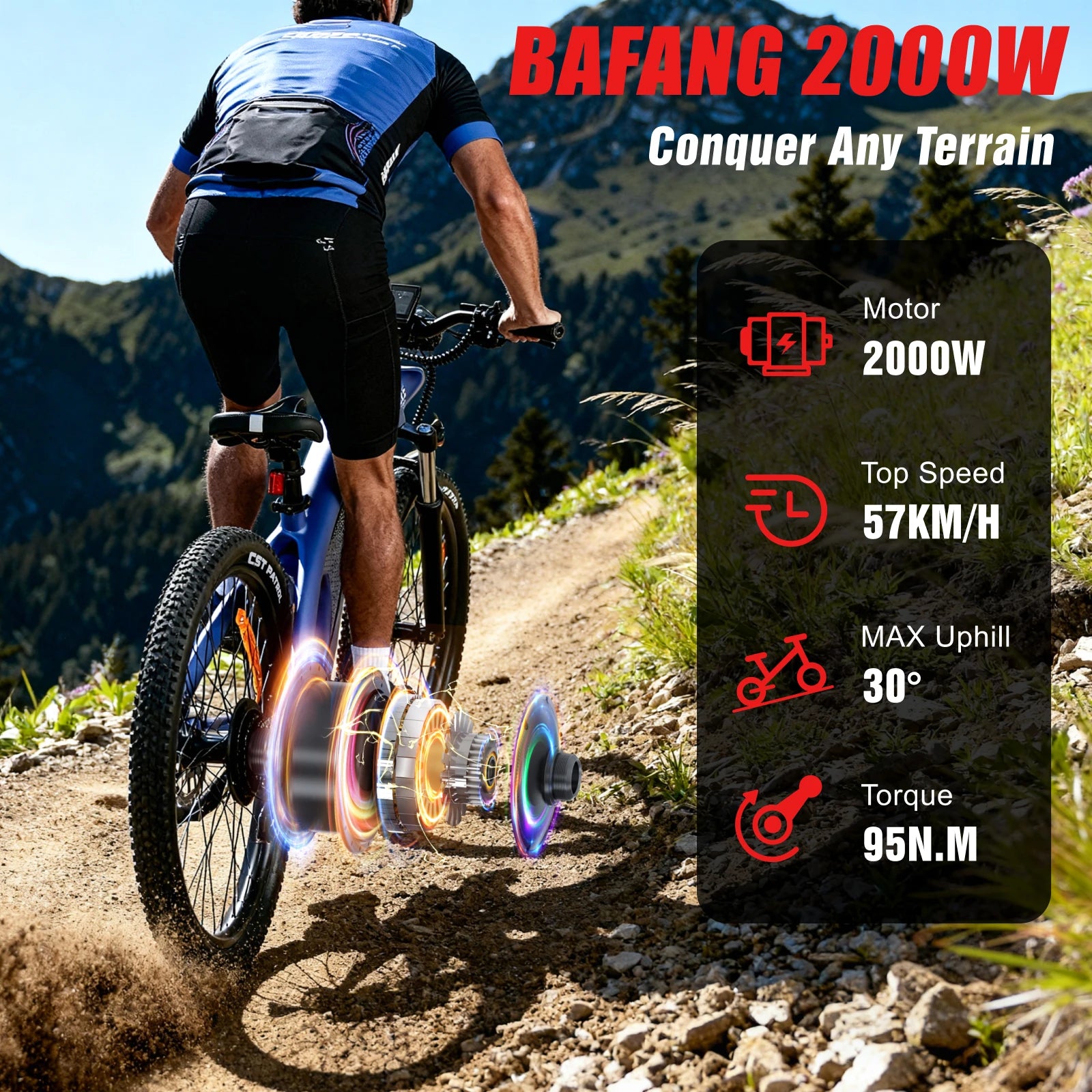 Person riding a mountain bike on a trail with Bafang 2000W electric bike features displayed.