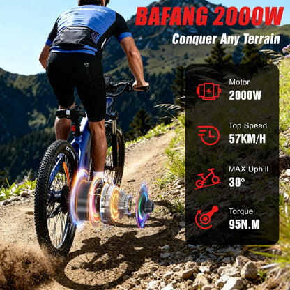 Person riding a mountain bike on a trail with Bafang 2000W electric bike features displayed.