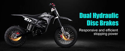 Black electric bike with dual hydraulic disc brakes on a dark background