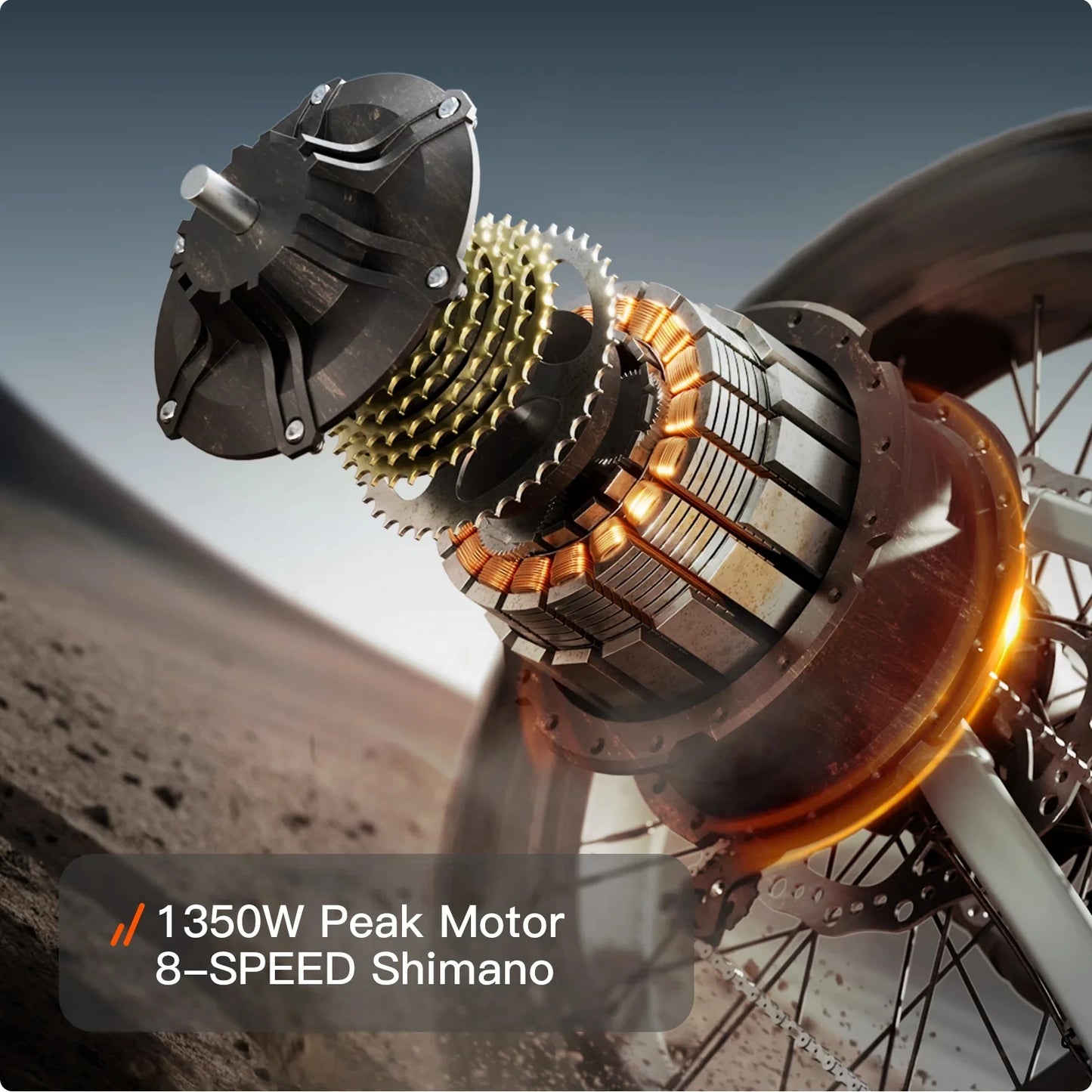 Close-up of a bicycle motor with '1350W Peak Motor 8-SPEED Shimano' text.