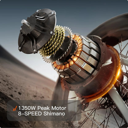 Close-up of a bicycle motor with '1350W Peak Motor 8-SPEED Shimano' text.