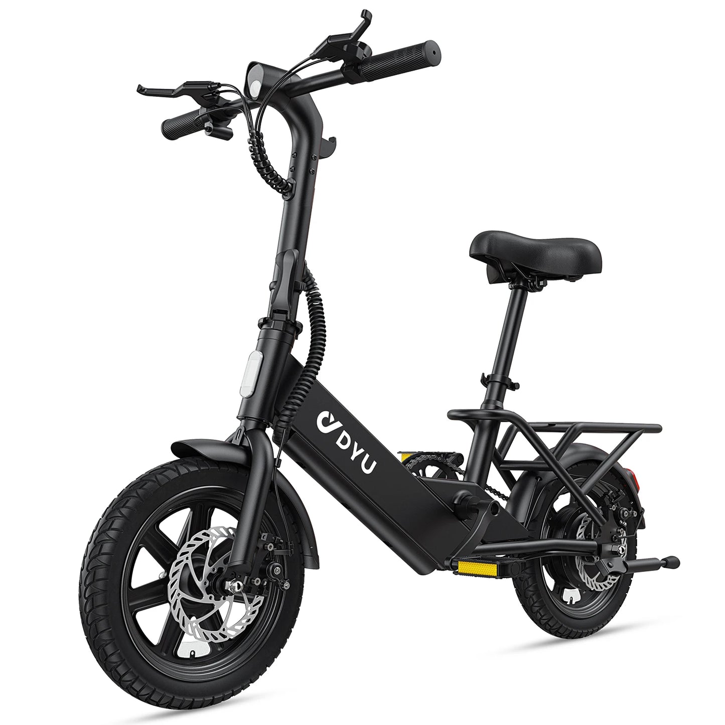 Black electric bike with 'DYU' branding on a white background