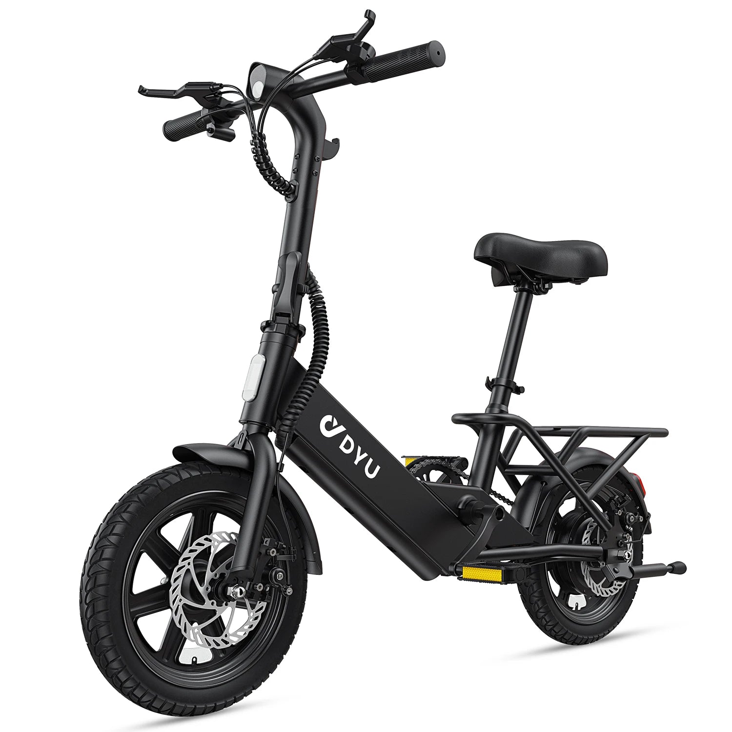 Black electric bike with 'DYU' branding on a white background