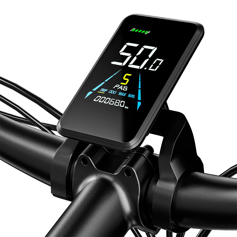 Digital display mounted on a bicycle handlebar with various metrics.