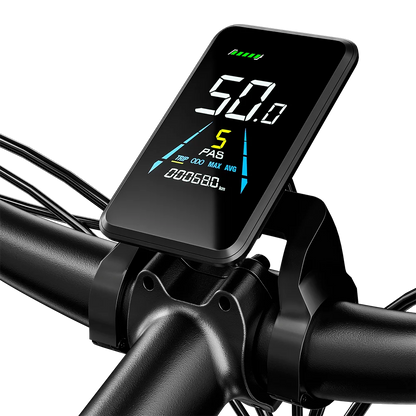 Digital display mounted on a bicycle handlebar with various metrics.