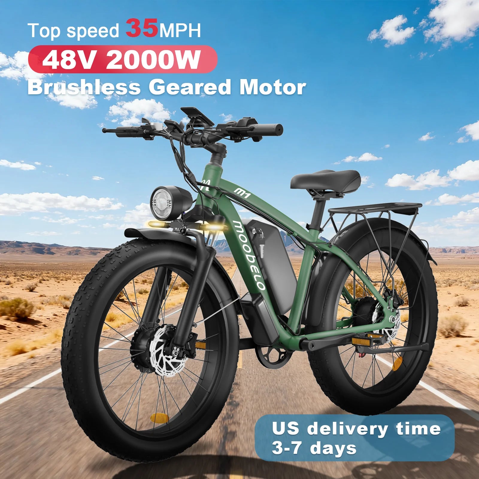 Green electric bike on a road with desert landscape and blue sky in the background