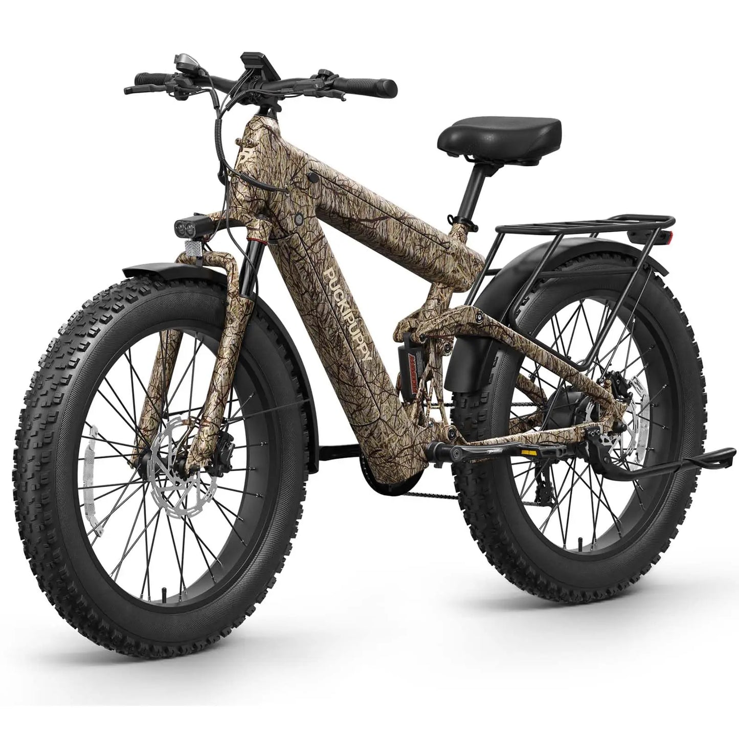 Camouflage-patterned electric bike on a white background
