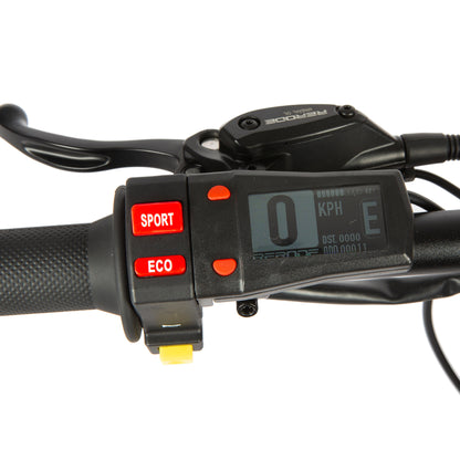 Close-up of a motorcycle handlebar with digital speedometer and control buttons on a white background