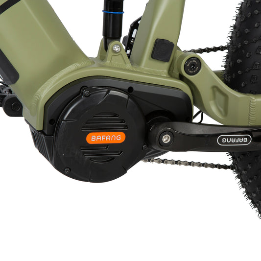 Close-up of a green electric bike with Bafang motor and chain on a white background