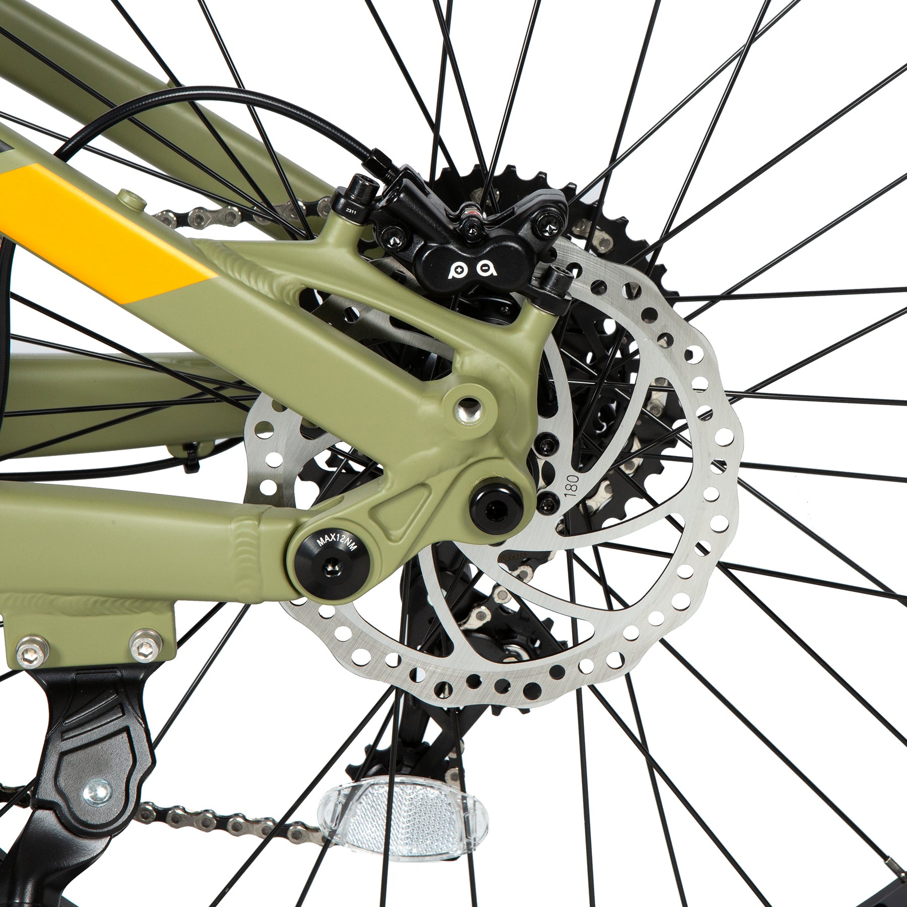 Close-up of a bicycle's rear wheel and gear system on a white background
