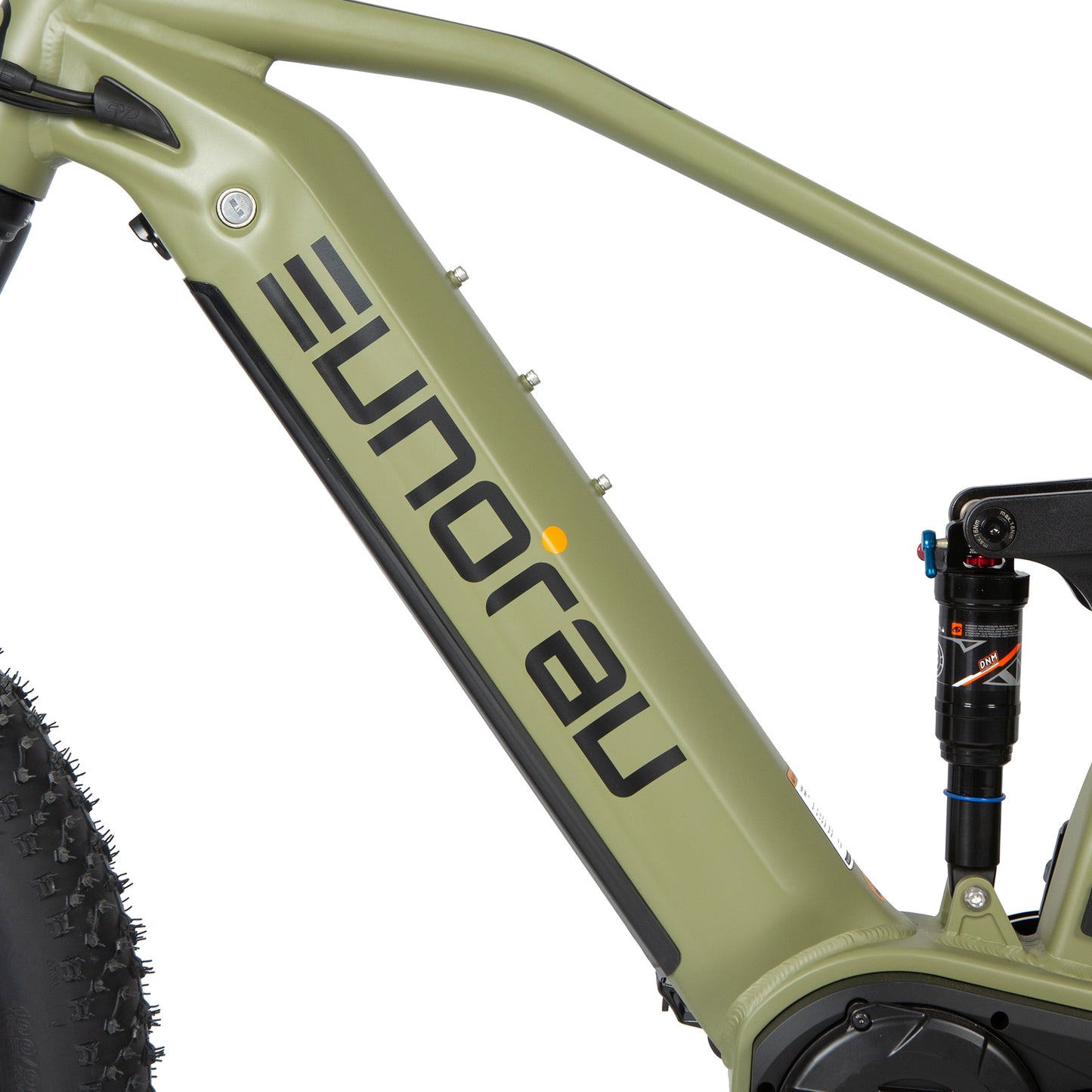 Close-up of a green bicycle frame with 'Eunorau' branding on a white background
