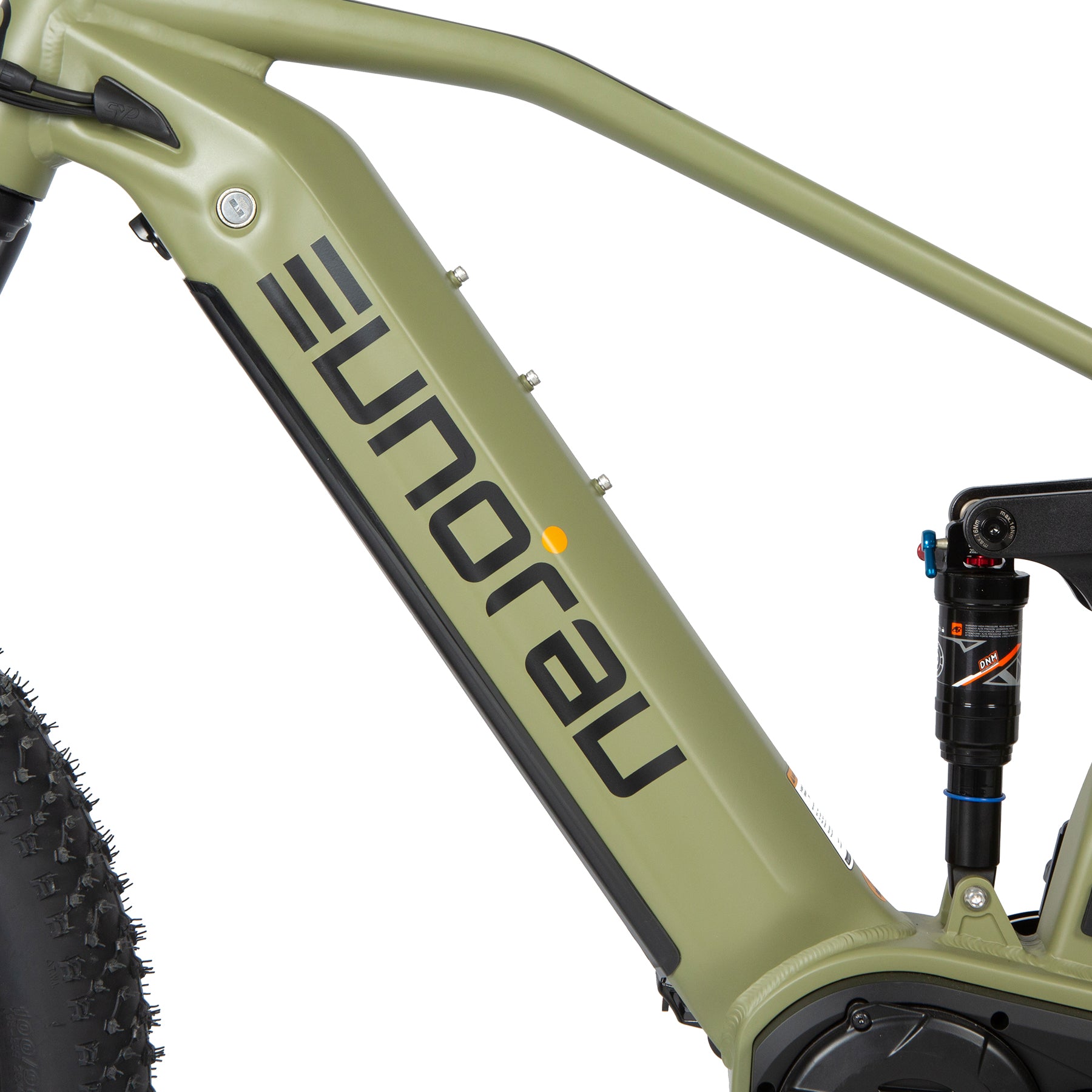 Close-up of a green bicycle frame with 'Eunorau' branding on a white background