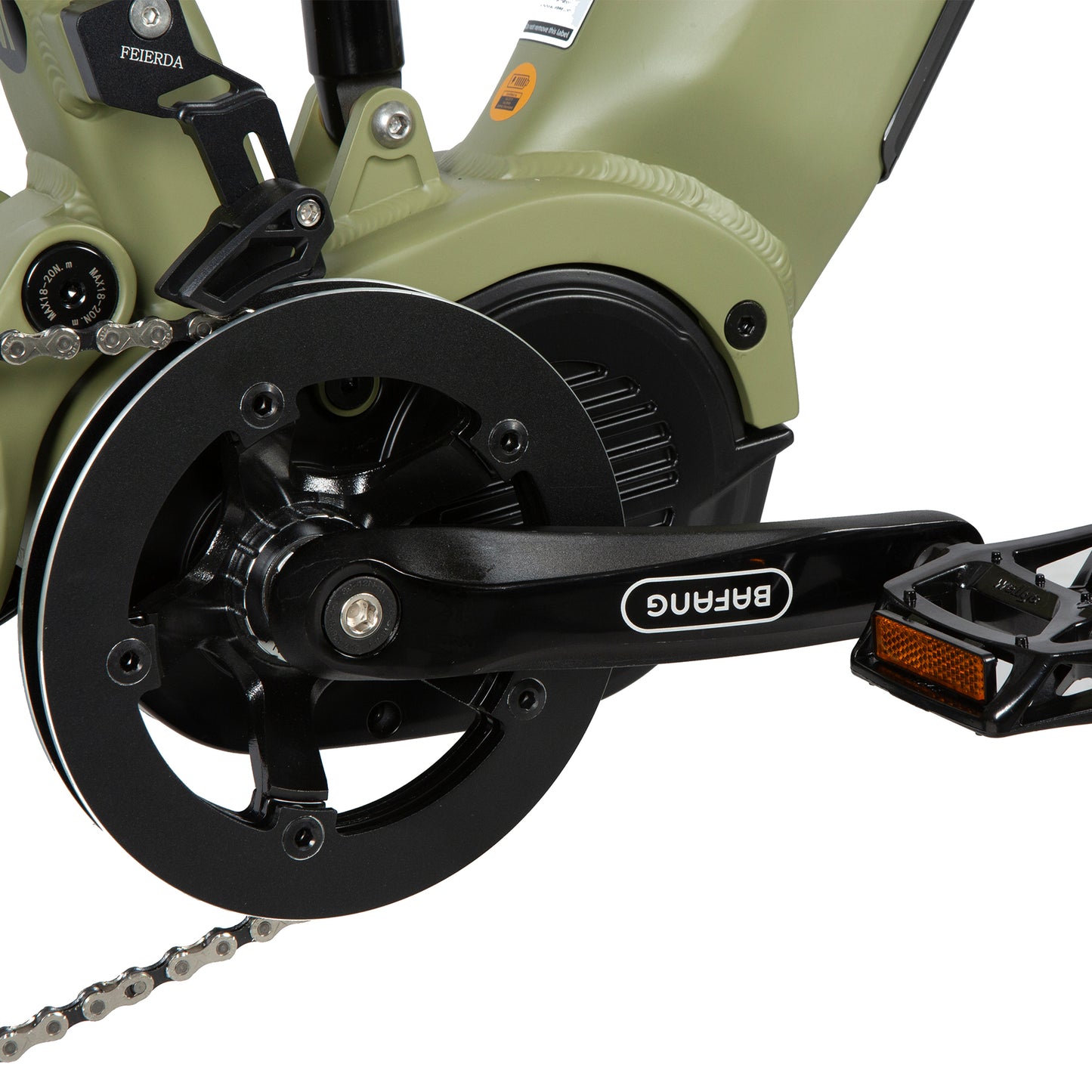 Close-up of a bicycle chain and gear system with 'Bafang' branding on a white background.