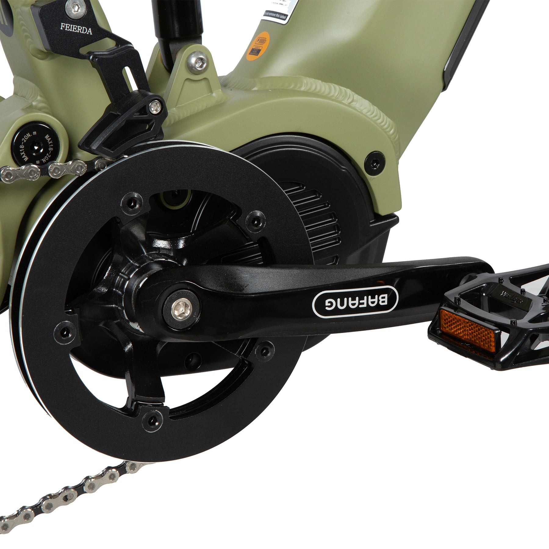 Close-up of a bicycle chain and gear system with 'Bafang' branding on a white background.