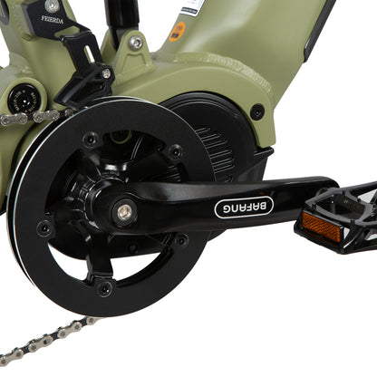 Close-up of a bicycle chain and gear system with 'Bafang' branding on a white background.