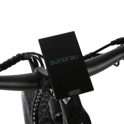 Bicycle handlebar with a black electronic device labeled 'Eunorau' on a white background