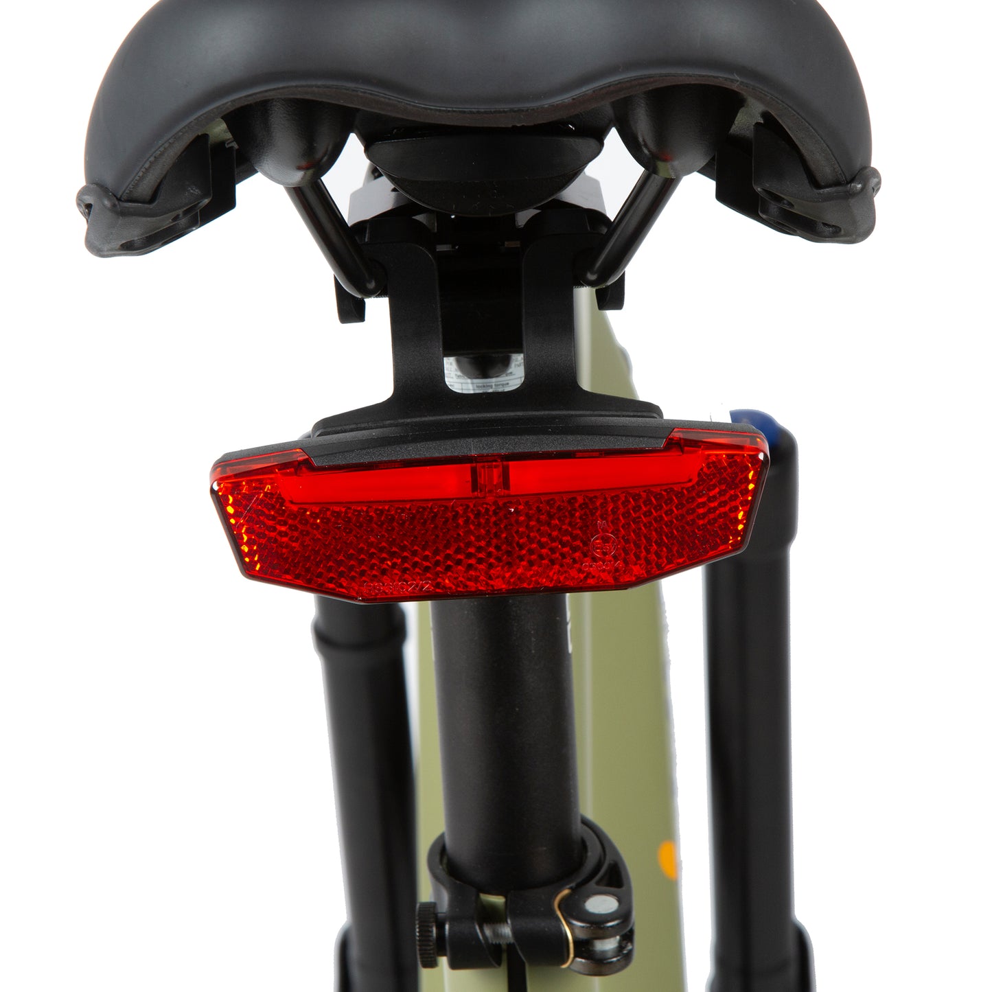 Bicycle seat with a red taillight on a white background