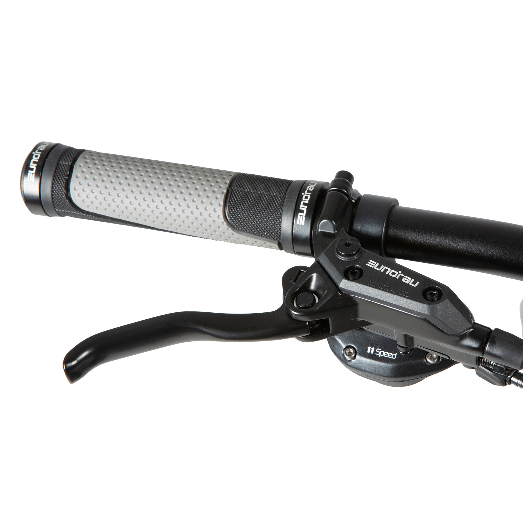 Close-up of a bicycle handlebar with grip and brake lever on a white background