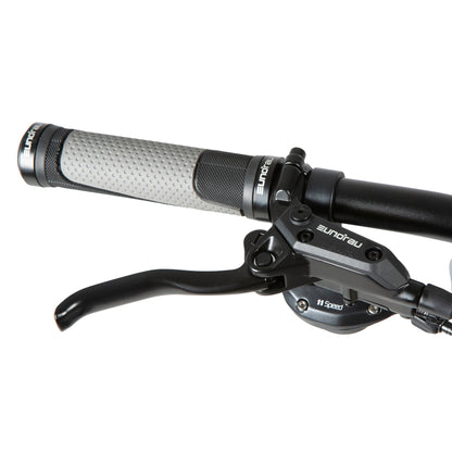 Close-up of a bicycle handlebar with grip and brake lever on a white background