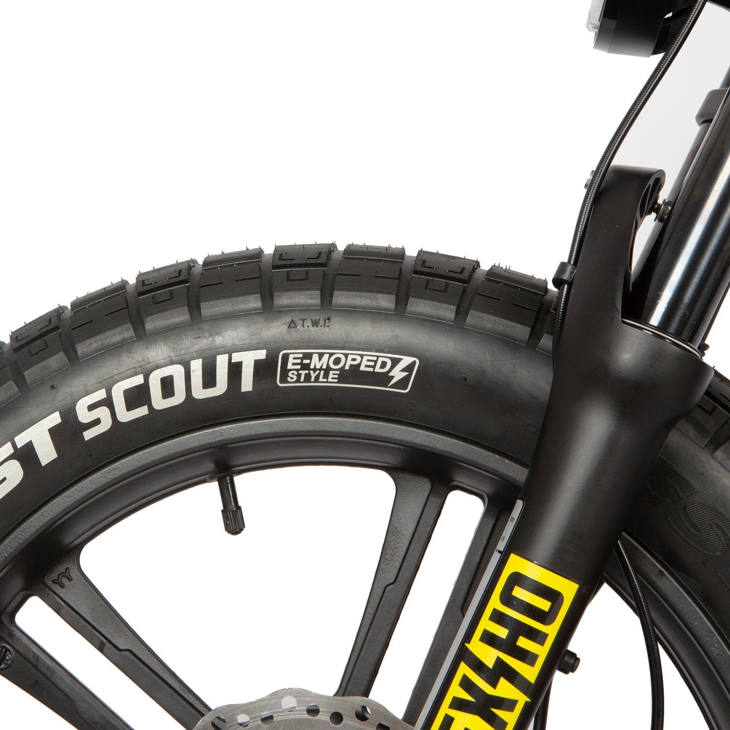 Close-up of a bicycle wheel with 'ST Scout' and 'KHS' branding on a white background