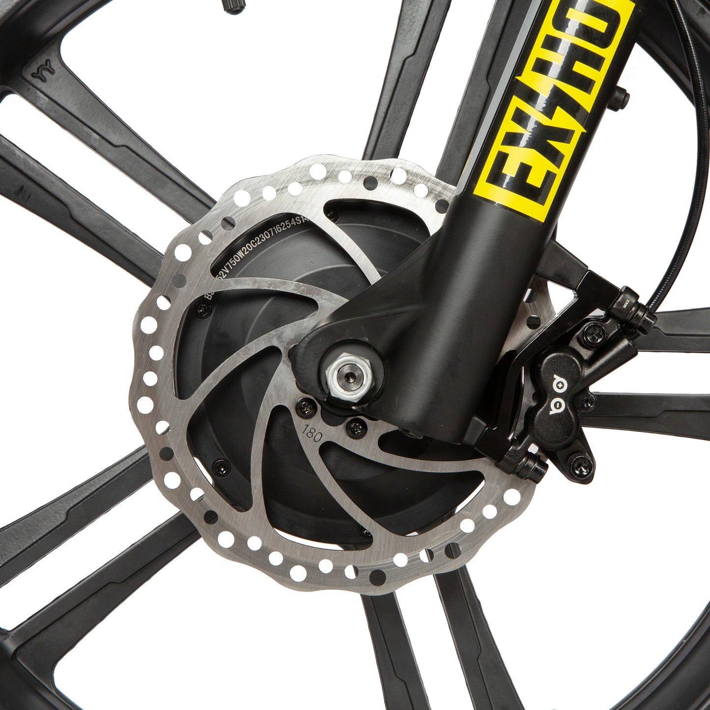 Close-up of a bicycle wheel with disc brake system and Exuvia branding.
