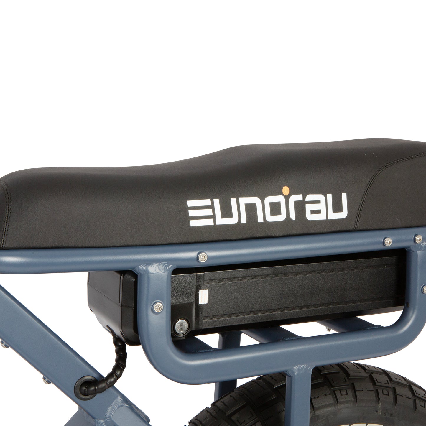 Black seat with 'Eunorau' branding on a bike frame against a white background
