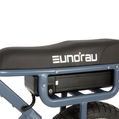 Black seat with 'Eunorau' branding on a bike frame against a white background
