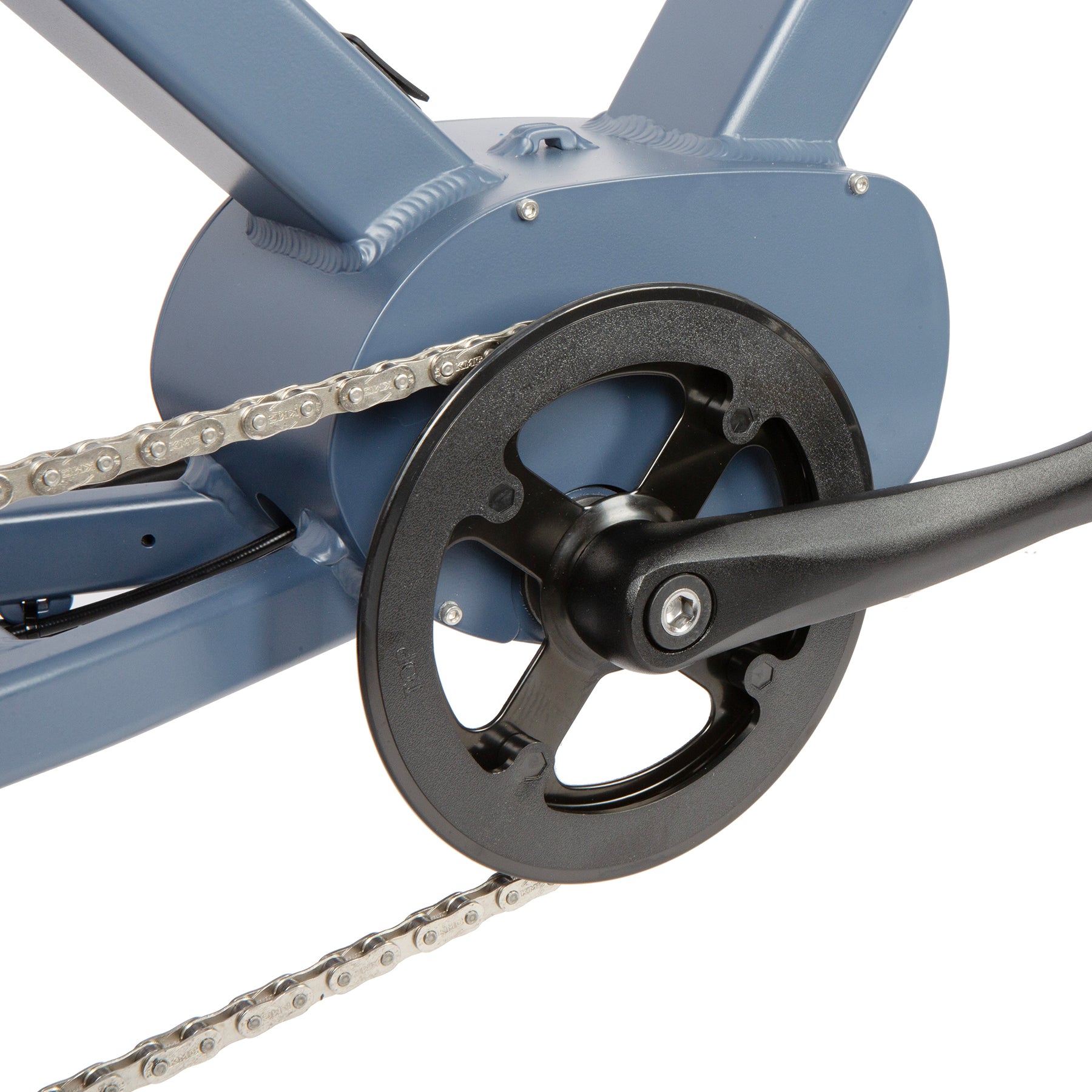 Close-up of a bicycle chain and gear system on a blue frame.