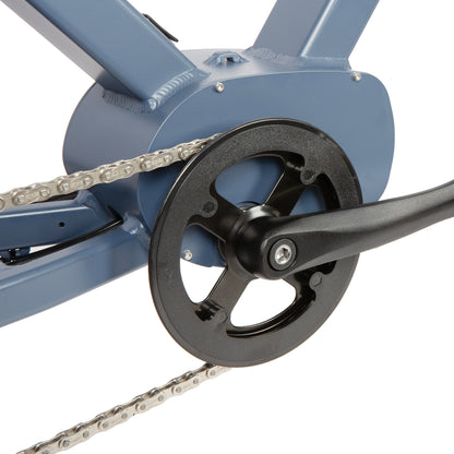 Close-up of a bicycle chain and gear system on a blue frame.