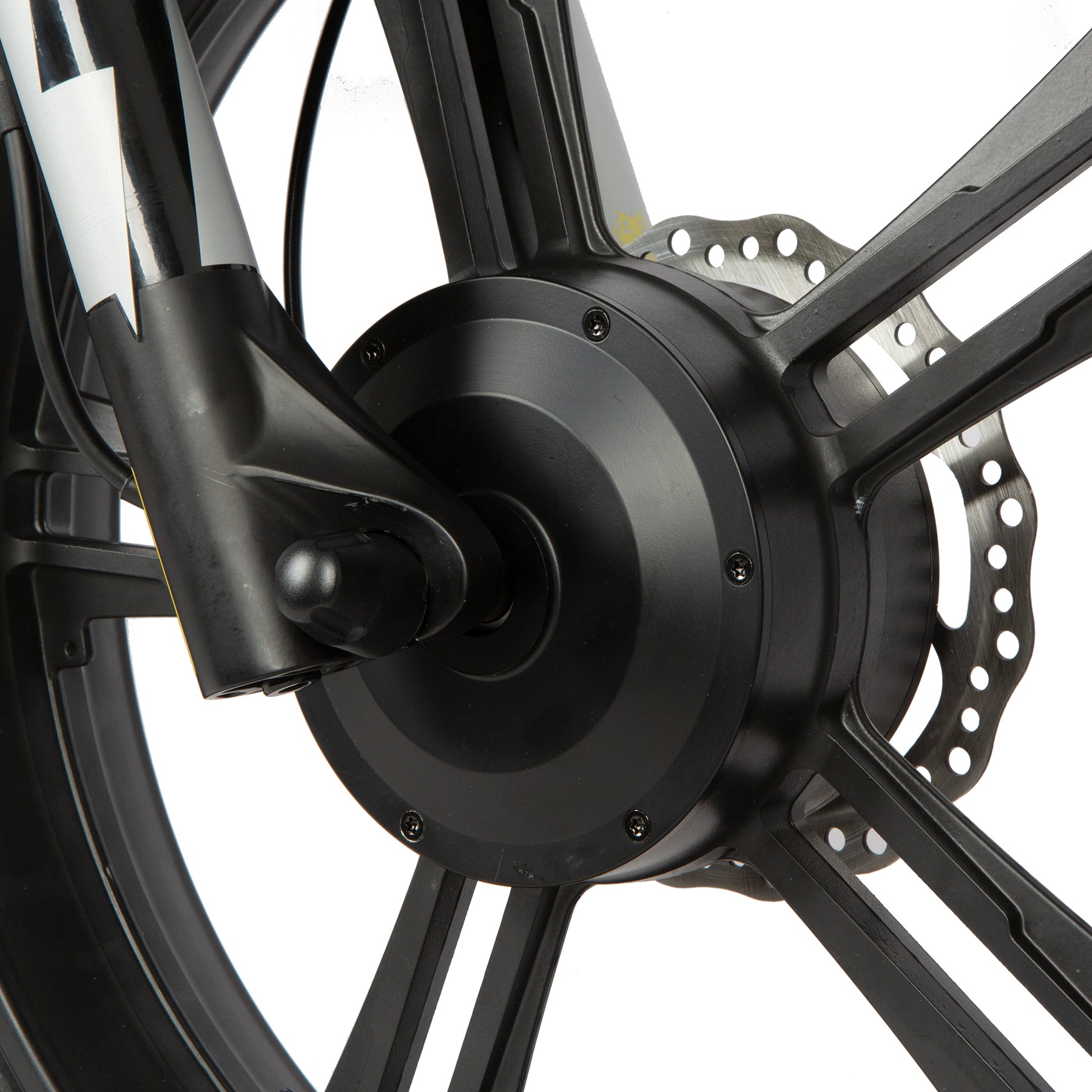 Close-up of a bicycle wheel with a black hub and spokes on a white background