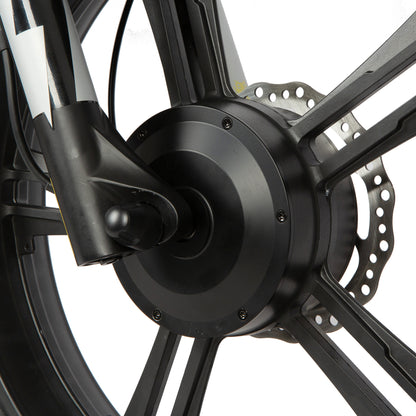 Close-up of a bicycle wheel with a black hub and spokes on a white background