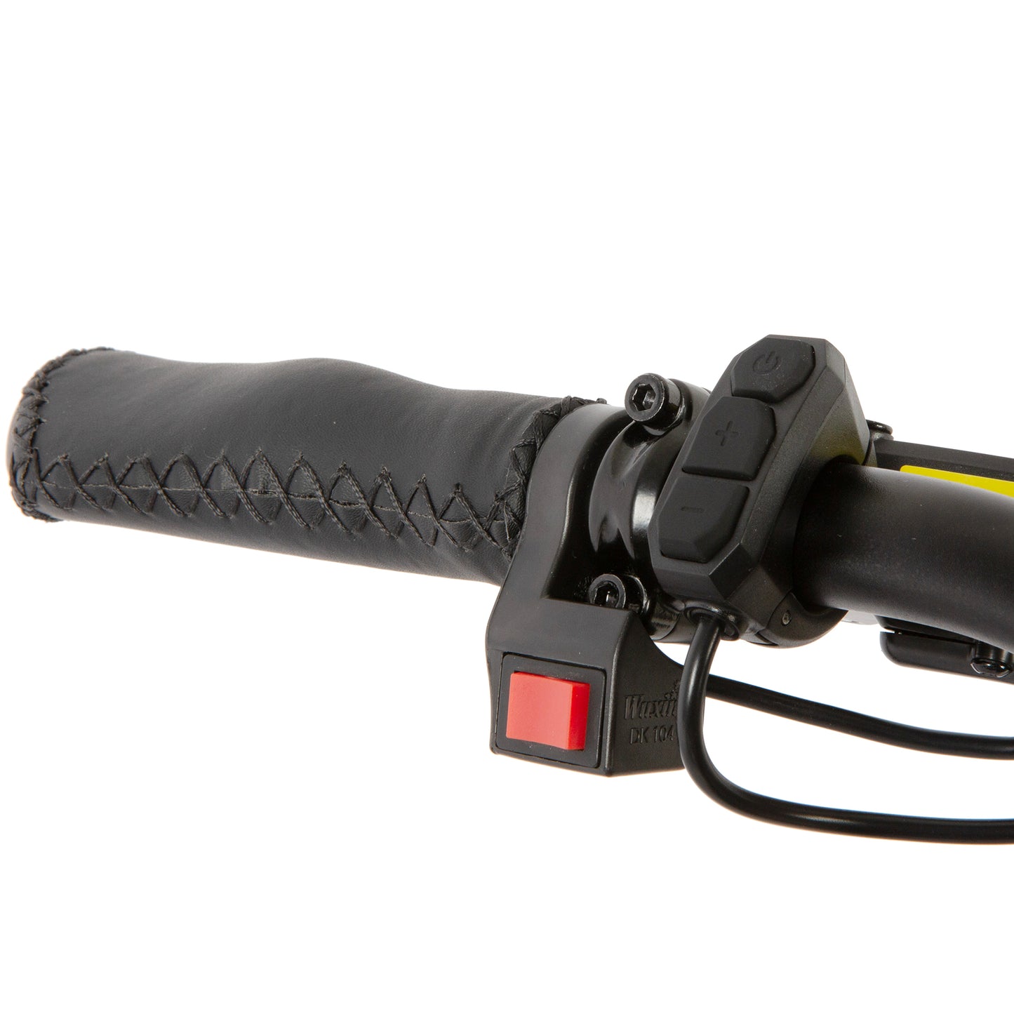 Close-up of a motorcycle handlebar with black grips and control buttons on a white background