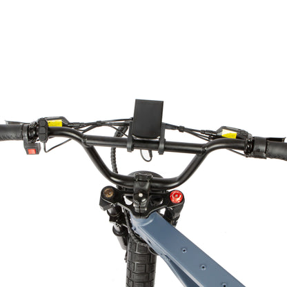 Close-up of a bicycle handlebar with control buttons on a white background