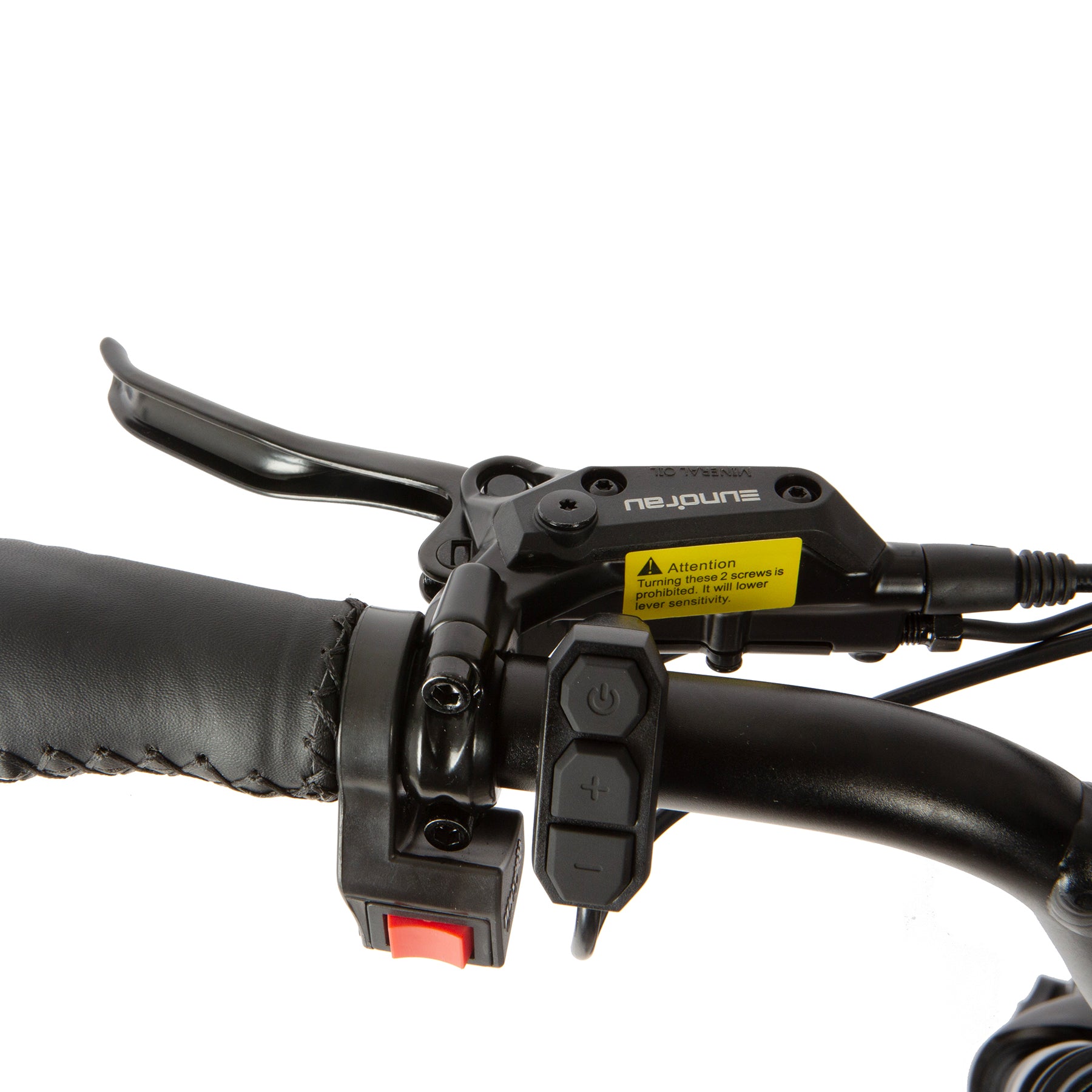Close-up of a bicycle handlebar with brake lever and control buttons on a white background